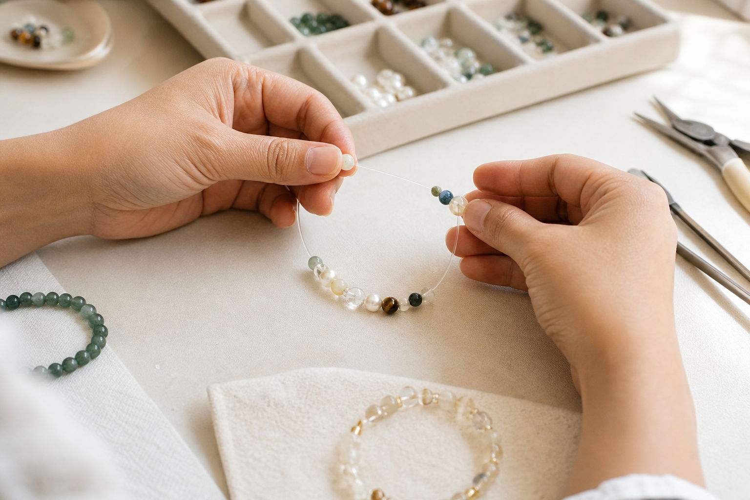 Artisan threading gemstone beads by hand on a sunlit worktable