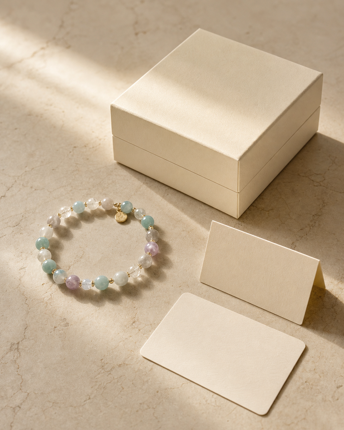 ONEVEI bracelet presented with an ivory gift box and personal cards
