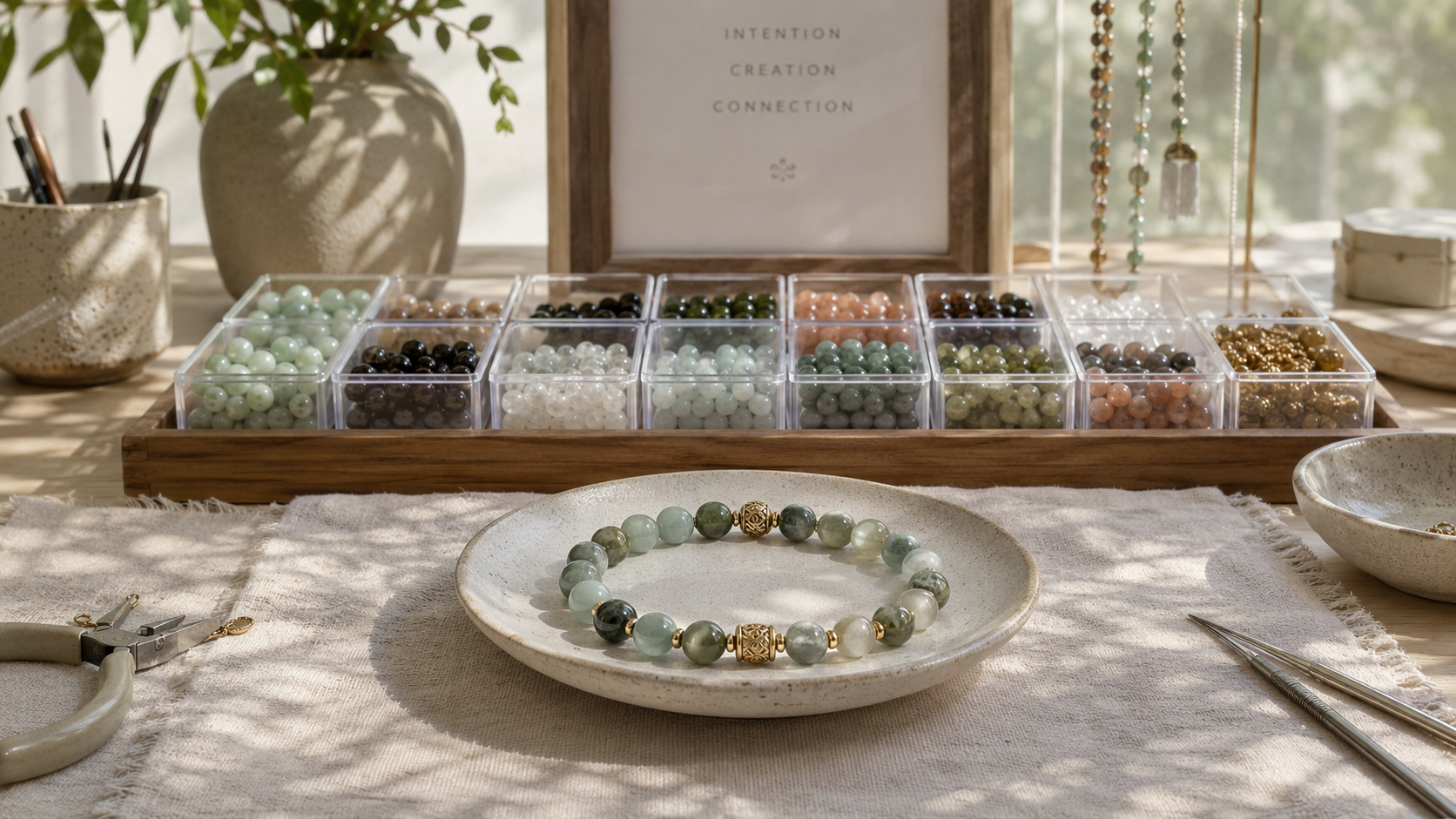 A sunlit ONEVEI worktable with organised bead trays and a finished green stone bracelet