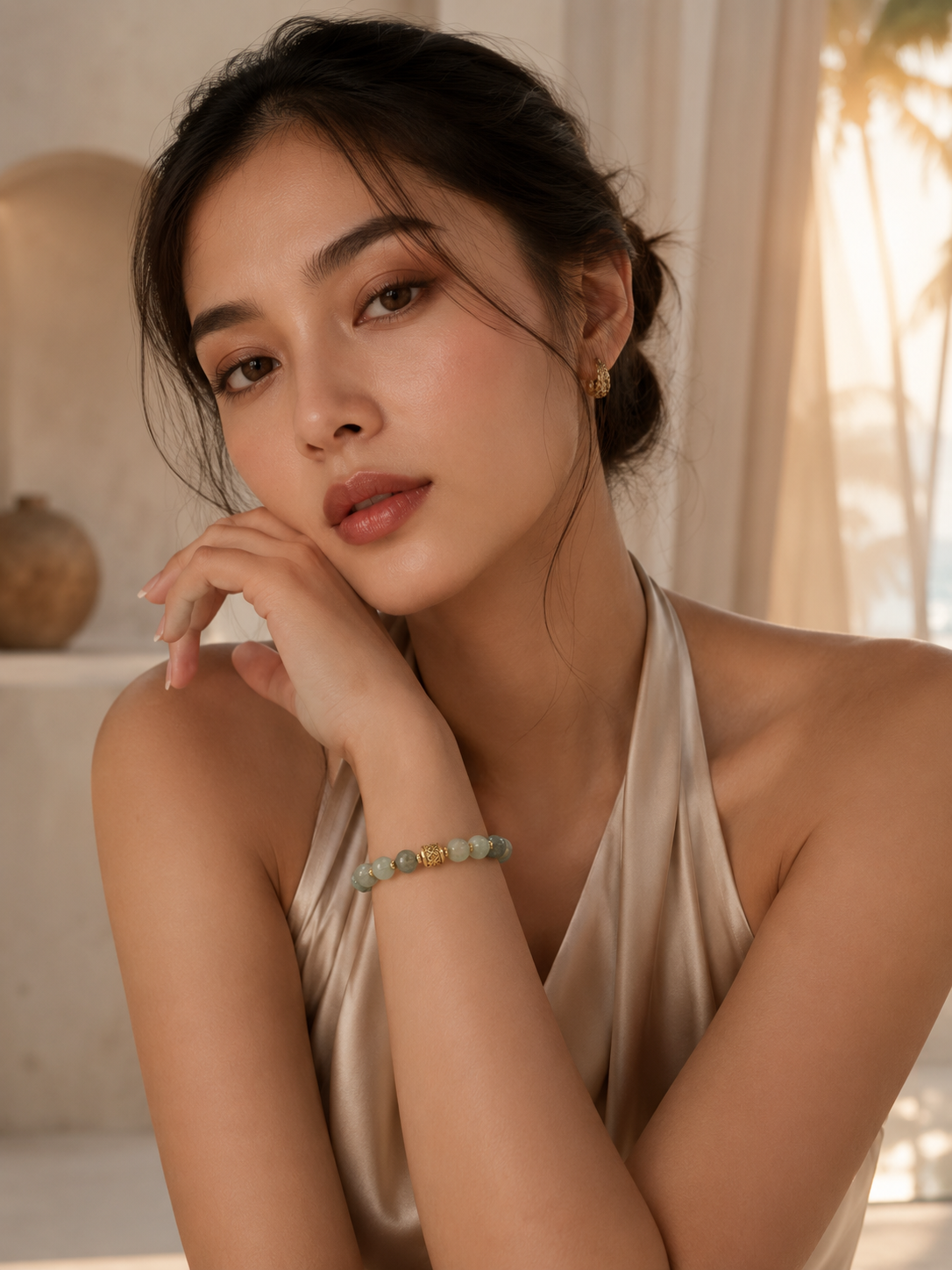 Model in warm sunlight wearing the Sea Glass bracelet